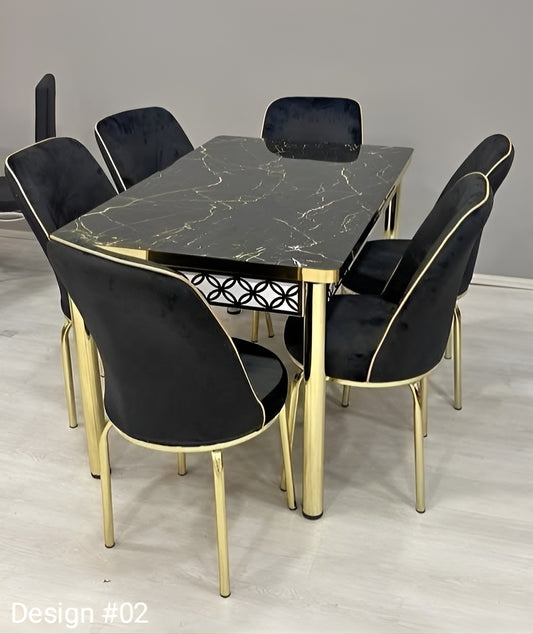 High Gloss Extendable Dining Table With 6 Plush Velvet Golden Legs Chairs