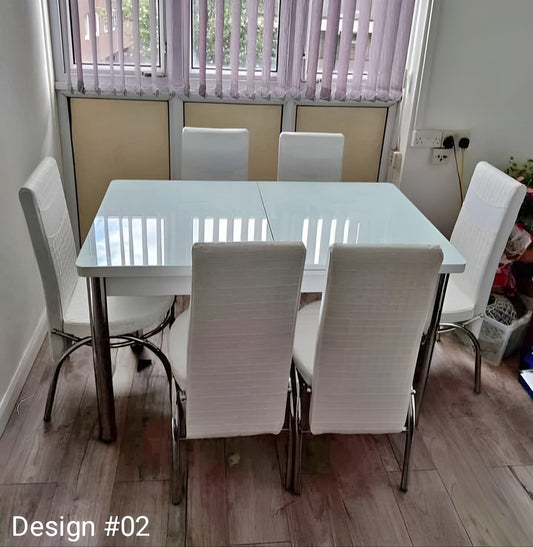 Extendable Glass And Steel Dining Table With 6 Faux Leather And Steel Chairs