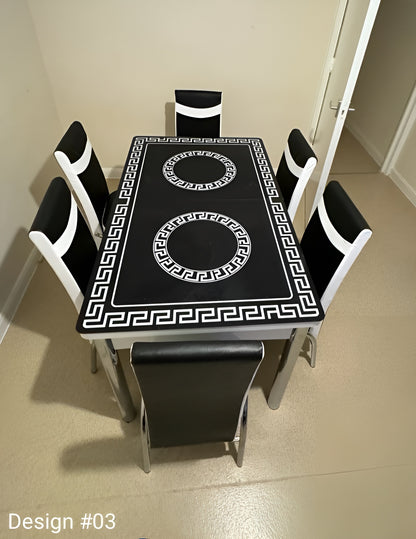 Extendable Glass And Steel Dining Table With 6 Faux Leather And Steel Chairs