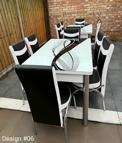 Extendable Glass And Steel Dining Table With 6 Faux Leather And Steel Chairs
