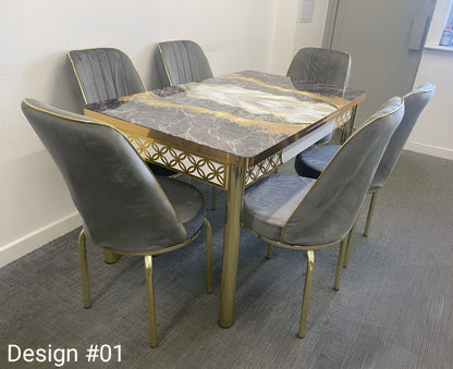 High Gloss Extendable Dining Table With 6 Plush Velvet Golden Legs Chairs