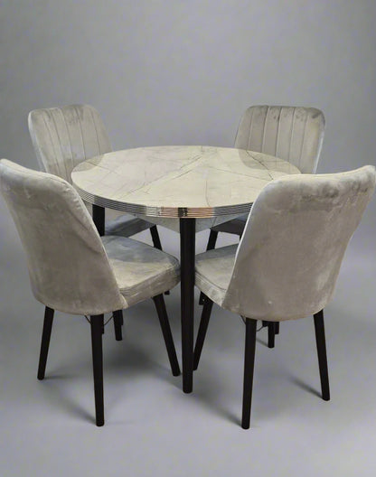 Round Wooden Dining Table With 4 Plush Velvet Wooden Chairs