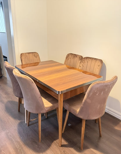 Extendable Wooden Dining Table With 6 Plush Velvet Wooden Chairs