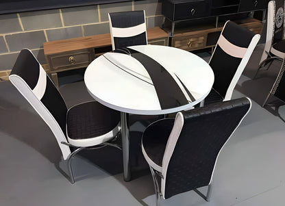 Round Glass And Steel Dining Table With 4 Faux Leather Chairs