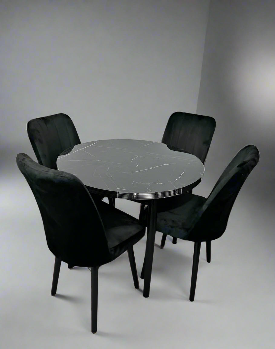 Round Wooden Dining Table With 4 Plush Velvet Wooden Chairs